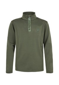 Olivgrüner Fleece-Pullover mit einem Reißverschlusskragen, der ein Logo auf der Brust und kontrastierenden Nähten aufweist. Hergestellt aus weichem, strukturiertem Stoff.