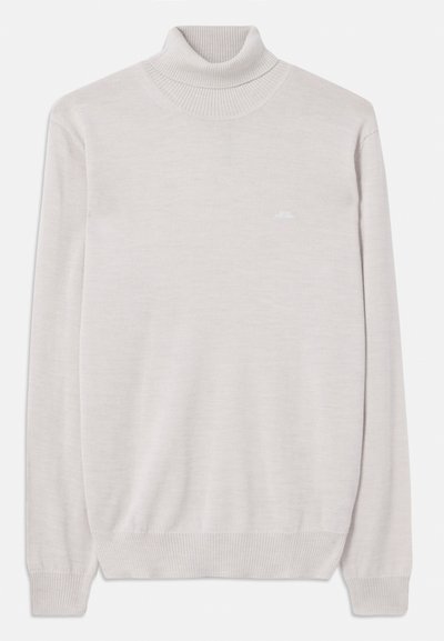 Maglione a collo alto beige chiaro con maniche lunghe e polsini e orlo a costine, realizzato in tessuto a maglia fine.
