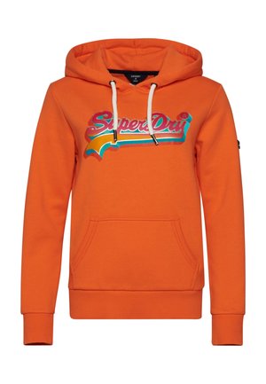 Orange hooded sweatshirt with front pocket and colorful "SuperDry" logo across the chest in retro style lettering.