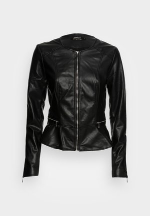 Black faux leather jacket with front zipper, long sleeves, peplum hem, and zippered side pockets, tailored fit.