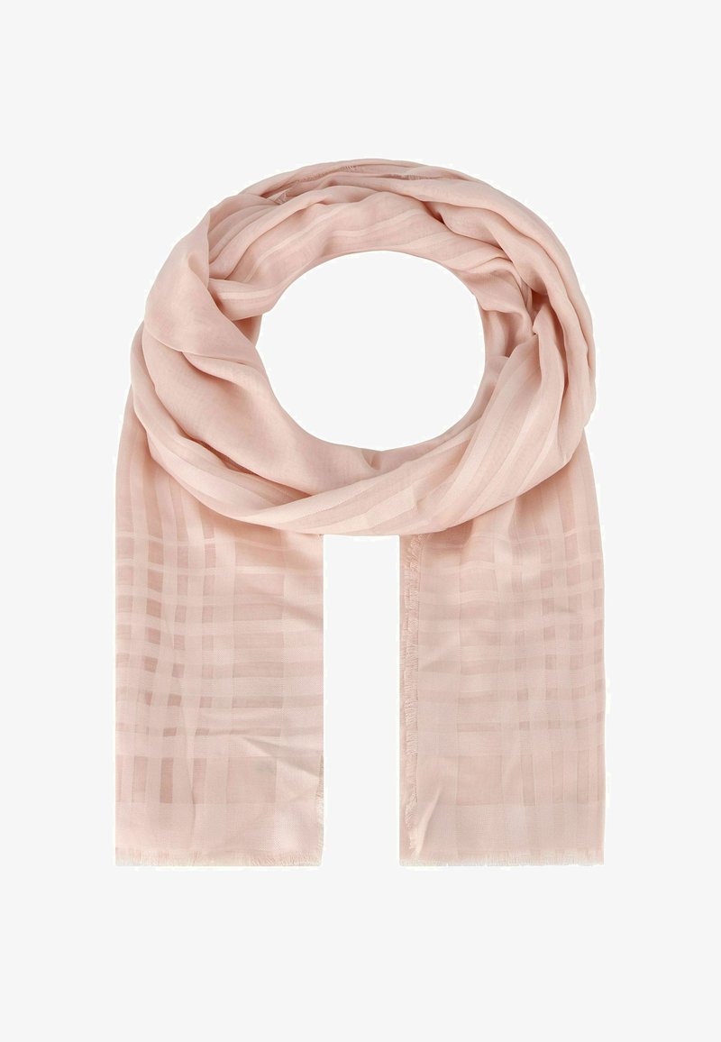 Écharpe rose clair en tissu transparent, présentant un motif à carreaux et des bords frangés, enroulée en cercle, mettant en valeur la texture et la fluidité.