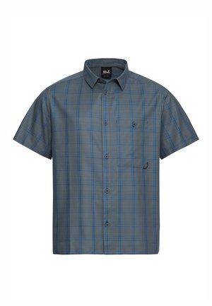 Grijs geruit overhemd met korte mouwen en blauwe lijnen, knoopsluiting aan de voorkant en een borstzak aan de linkerkant. Gemaakt van lichtgewicht stof.