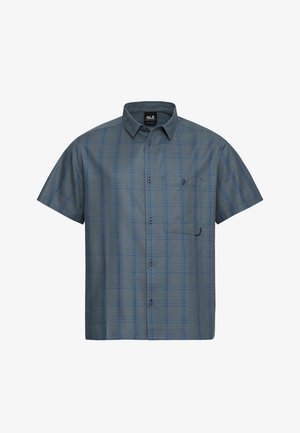 Grijs geruit overhemd met korte mouwen en blauwe lijnen, knoopsluiting aan de voorkant en een borstzak aan de linkerkant. Gemaakt van lichtgewicht stof.