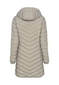 Gequilted lichtgrijze jas met een capuchon, met een chevronpatroon, lange mouwen en ribgebreide manchetten. Zachte, gevoerde textuur voor warmte.