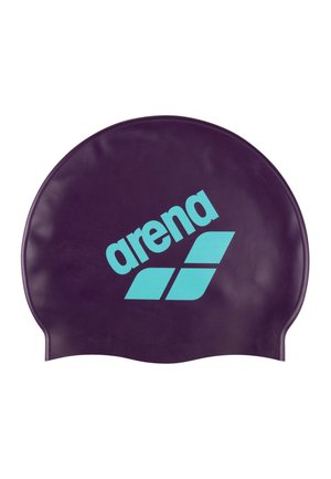 Bonnet de bain violet avec logo « arena » bleu et motif géométrique centré sur fond blanc.