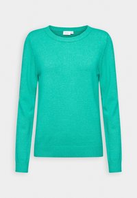 Pull tricoté turquoise à manches longues avec col rond et poignets et ourlet côtelés, présenté sur un fond blanc uni.