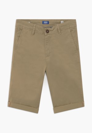 Herreshorts i khakifarve til knæene med forlommer, bæltestropper, knaplukning og opbukket kant fra Jack & Jones.