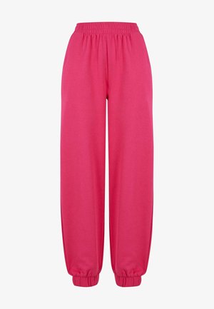 Roze sweatpants met een elastische tailleband, taps toelopende boorden en een zachte textuur, ontworpen voor comfort en casual gebruik.