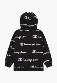 Felpa nera con cappuccio realizzata in tessuto morbido, caratterizzata da un motivo ripetuto con il logo "Champion" bianco. Include un cappuccio centrato e maniche lunghe.