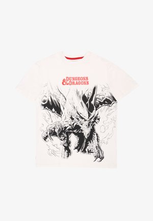 Weiße Baumwoll-T-Shirt mit kurzen Ärmeln, das ein schwarzes Drachenmotiv und roten "Dungeons & Dragons"-Text auf der Brust zeigt.