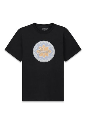 Black short-sleeve T-shirt with a circular mosaic design in blue and orange featuring a flower and the word "Guess" in the center.
