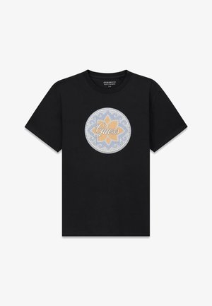 Black short-sleeve T-shirt with a circular mosaic design in blue and orange featuring a flower and the word "Guess" in the center.