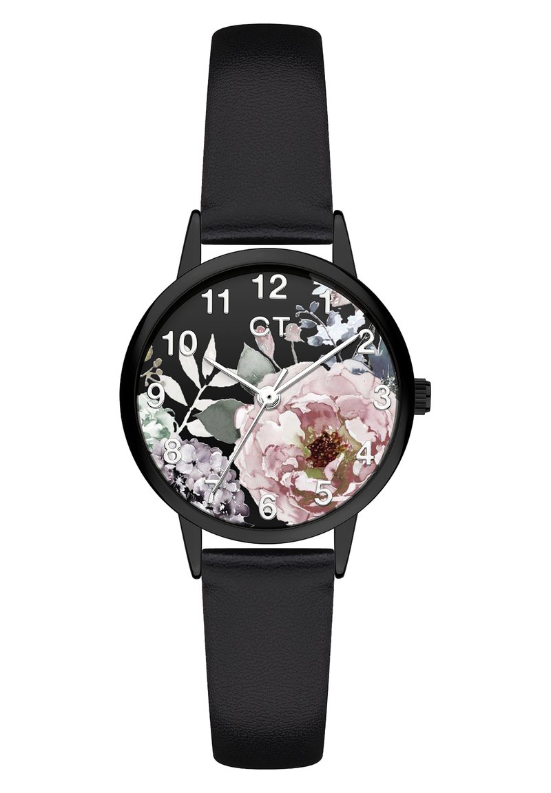 Runde schwarze Uhr mit einem floral gemusterten Ziffernblatt, das rosa und lila Blumen zeigt. Schwarzes Lederarmband mit strukturiertem Finish.