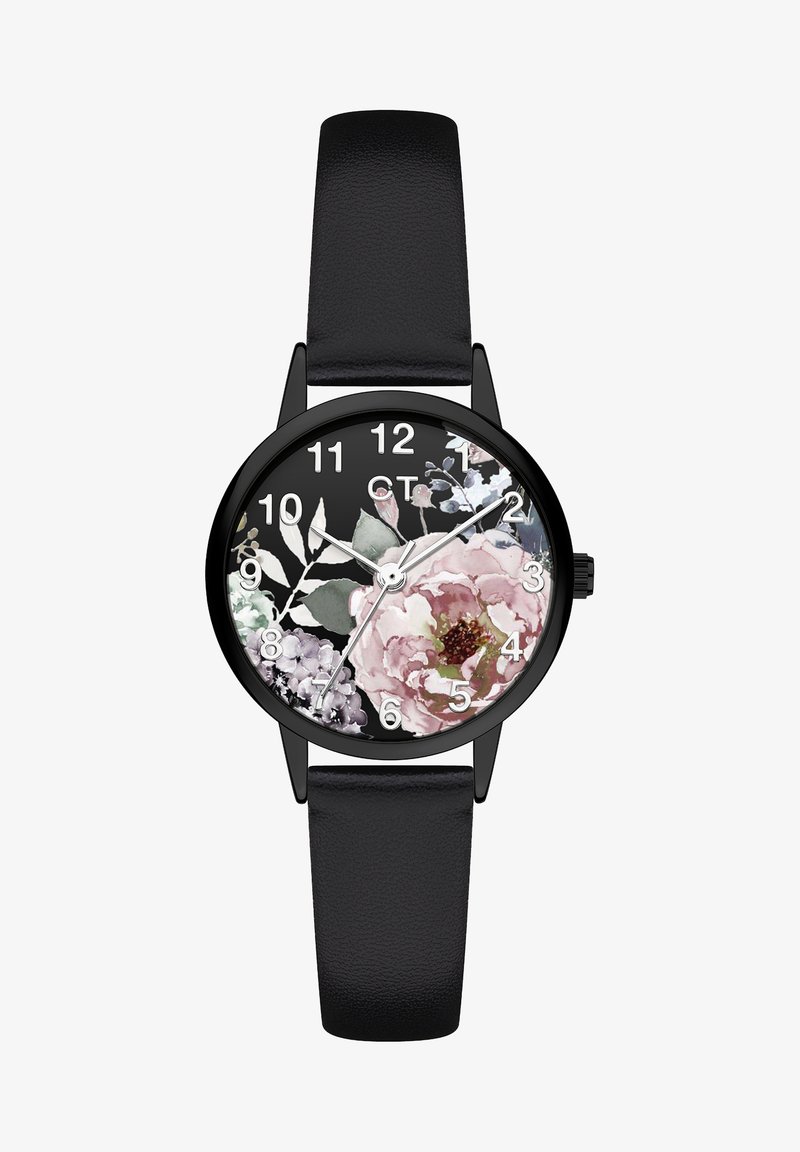 Runde schwarze Uhr mit einem floral gemusterten Ziffernblatt, das rosa und lila Blumen zeigt. Schwarzes Lederarmband mit strukturiertem Finish.