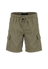 Pantaloni cargo verde oliva, realizzati in tessuto leggero, con vita elastica e coulisse, e tasche laterali con chiusura a patta.