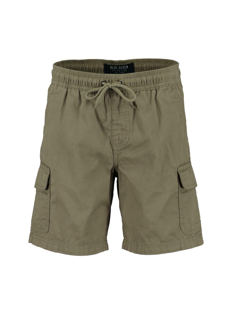 Pantaloni cargo verde oliva, realizzati in tessuto leggero, con vita elastica e coulisse, e tasche laterali con chiusura a patta.