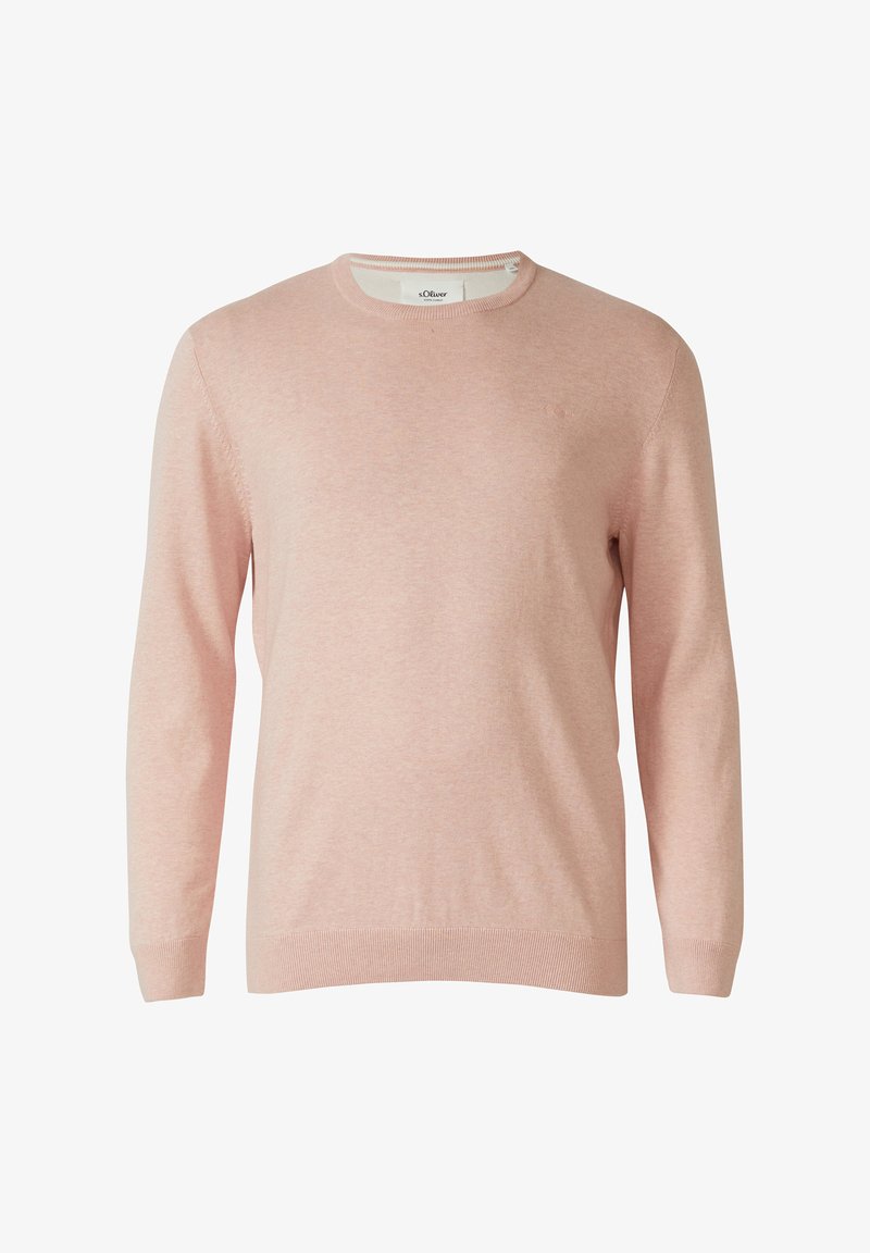 Pull pour homme à manches longues et col rond, de couleur rose clair, avec poignets et ourlet côtelés, fabriqué en tissu doux, présenté sur un fond blanc uni.