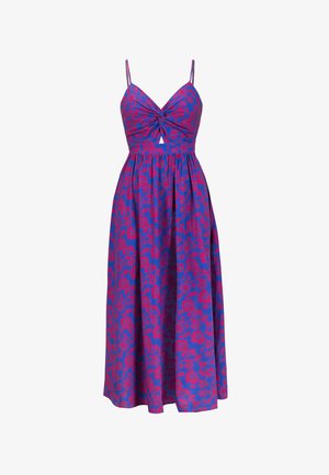 Maxi šaty s přiléhavým živůtkem, tenkými ramínky a uzlovým detailem. Vyznačují se modrou látkou s červeným květinovým vzorem. Design volné sukně.
