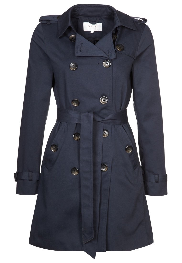 Abrigo tipo gabardina azul marino hecho de tela lisa. Cuenta con cierre de botones cruzados, cintura con cinturón y bolsillos laterales. Diseño de cuello clásico.