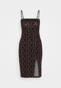 Schwarzes Midikleid mit dünnen Trägern, das mit einem Kirschmotif in Pink und Grün verziert ist. Enthält einen Schlitz vorne für zusätzlichen Stil. Hergestellt aus einem dehnbaren Material.