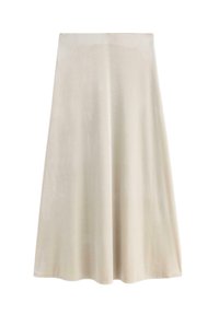 Beige A-line nederdel lavet af blødt stof. Har en glat tekstur, knælængde design og en subtil udvidelse fra taljen og ned.