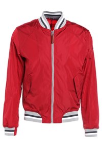Giacca bomber rossa con colletto, polsini e orlo a coste bianchi e grigi, zip frontale e tasche laterali oblique.
