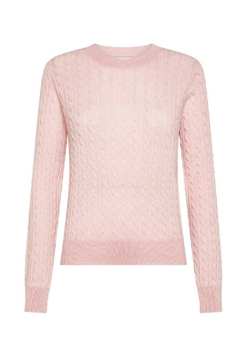 Maglione a lavorazione cable knit di colore rosa chiaro, con maniche lunghe e collo a coste. Presenta un piccolo logo sul petto e una finitura texturizzata.