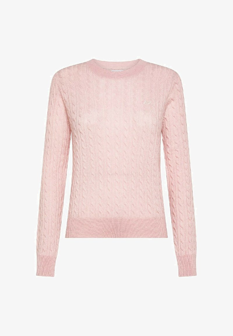 Maglione a lavorazione cable knit di colore rosa chiaro, con maniche lunghe e collo a coste. Presenta un piccolo logo sul petto e una finitura texturizzata.