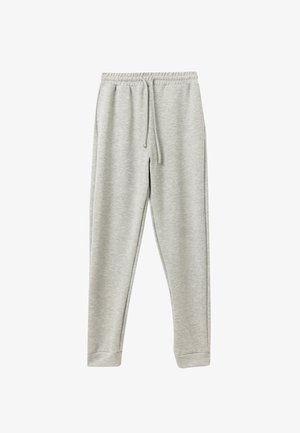 Light gray sweatpants made of soft material, featuring an elastic waistband with drawstring, two side pockets, and cuffed hems.