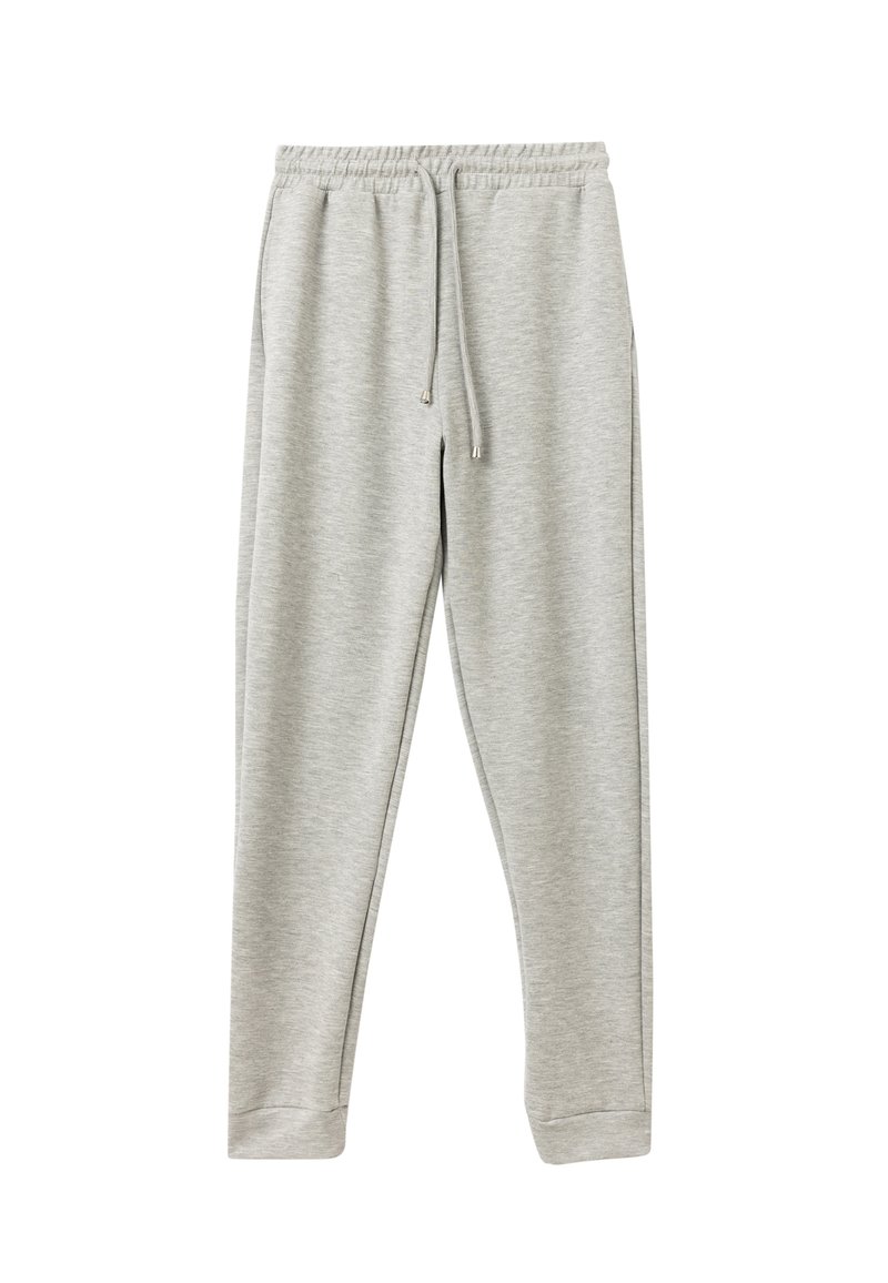Lichtgrijze sweatpants gemaakt van zachte stof, met een elastische tailleband met een trekkoord, twee zijvakken en geribbelde hems.