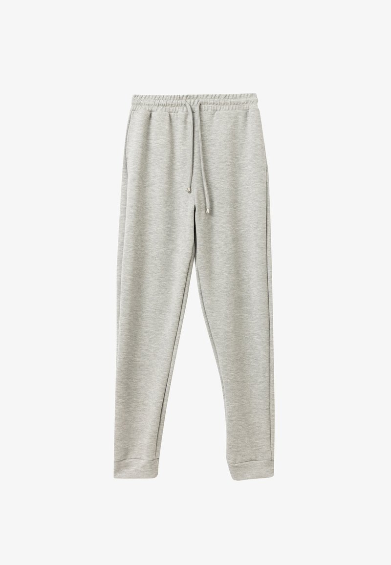 Lichtgrijze sweatpants gemaakt van zachte stof, met een elastische tailleband met een trekkoord, twee zijvakken en geribbelde hems.