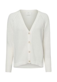Cardigan en coton blanc avec un col en V, des manches longues, une texture côtelée et cinq boutons sur le devant. L'ourlet est légèrement arrondi.