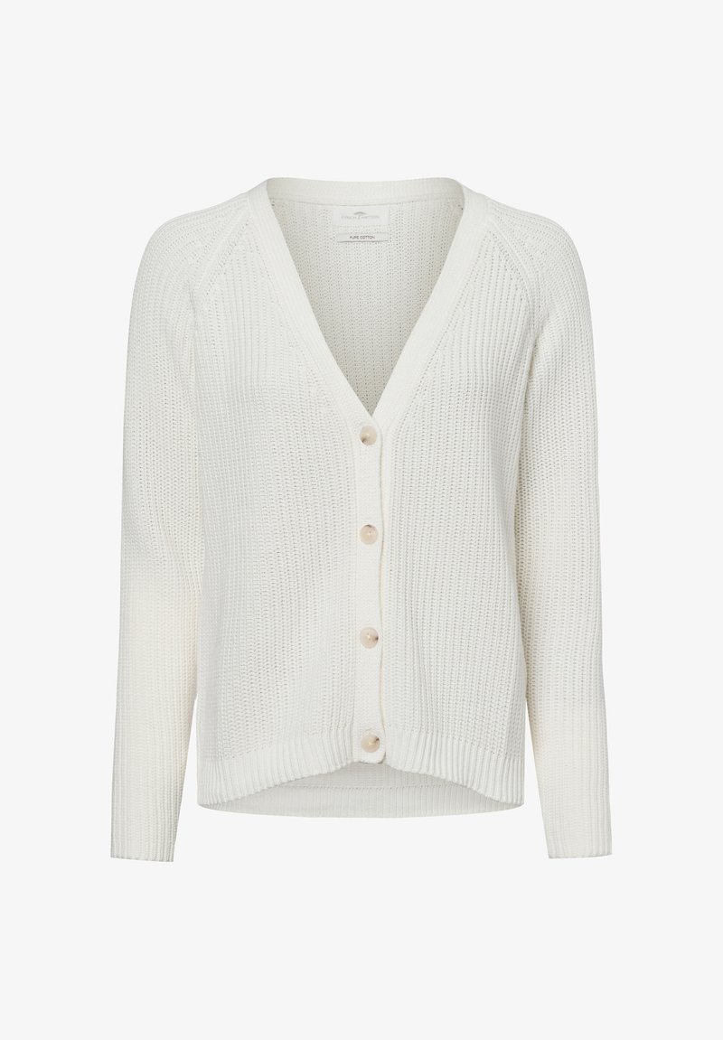 White cotton cardigan with a V-neck, long sleeves, ribbed texture, and five buttons down the front. Hem is slightly curved.