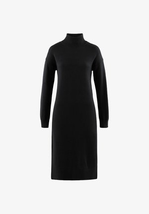 Zwarte gebreide jurk met een hoge geribbelde kraag, lange mouwen en een aansluitende silhouet, voorzien van geribbelde manchetten en zoom.