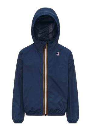 Giacca con cappuccio blu navy con cerniera frontale completa, caratterizzata da strisce gialle, bianche e rosse, polsini elasticizzati e un piccolo logo sul petto.
