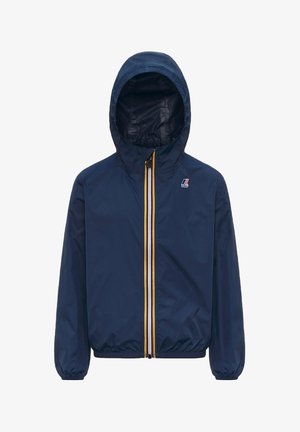 Giacca con cappuccio blu navy con cerniera frontale completa, caratterizzata da strisce gialle, bianche e rosse, polsini elasticizzati e un piccolo logo sul petto.