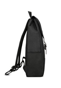 Black fabric backpack with a structured design, flat profile, adjustable straps, and a side pocket for storage.
