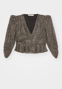 Metaalachtig, kort blouse met een diepe V-hals, textuurstof, puffmouwen en een peplumzoom in donkerbrons en zwart.