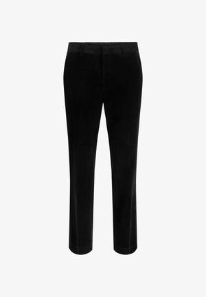 Svarta raka byxor med bälteshällor och frontdragkedja, tillverkade av mjukt sammetsliknande tyg.