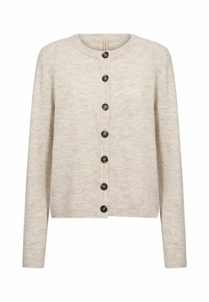 Light beige cardigan made of soft knitted fabric featuring a round neckline, long sleeves, and seven dark buttons down the front.