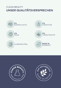 Clean Beauty brand certification labels on a light background. Circular icons denote ingredients: 0% microplastics, PEGs, paraffins, animal extracts; climate-neutral, vegan, made in Germany.