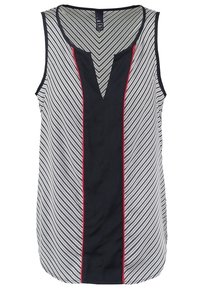 Débardeur sans manches avec un décolleté en V, des rayures verticales noires et blanches, une bande rouge centrale et une texture de tissu lisse.