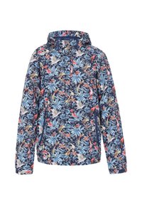 Giacca con motivo floreale che presenta uno sfondo blu navy scuro con vivaci disegni tropicali blu, rossi e verdi; include un cappuccio e una zip frontale.