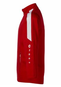 Rode sportjack met een hoge kraag, witte gaasaccenten op de schouder, ritszakken aan de zijkant en cirkelvormige details op de mouw.