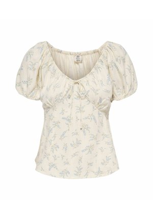 Blouse crème à manches courtes avec manches bouffantes, imprimé floral bleu délicat, encolure froncée et détail noué à l'avant.