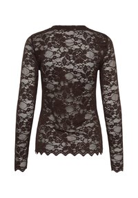 Blouse noire à manches longues en dentelle avec motif floral, ourlet festonné et tissu semi-transparent, vue de dos sur fond blanc.