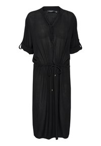 Vestito nero leggero con scollo a V, maniche corte arrotolate e vita con cordoncino regolabile. Presenta decorazioni a bottoni e una vestibilità rilassata.