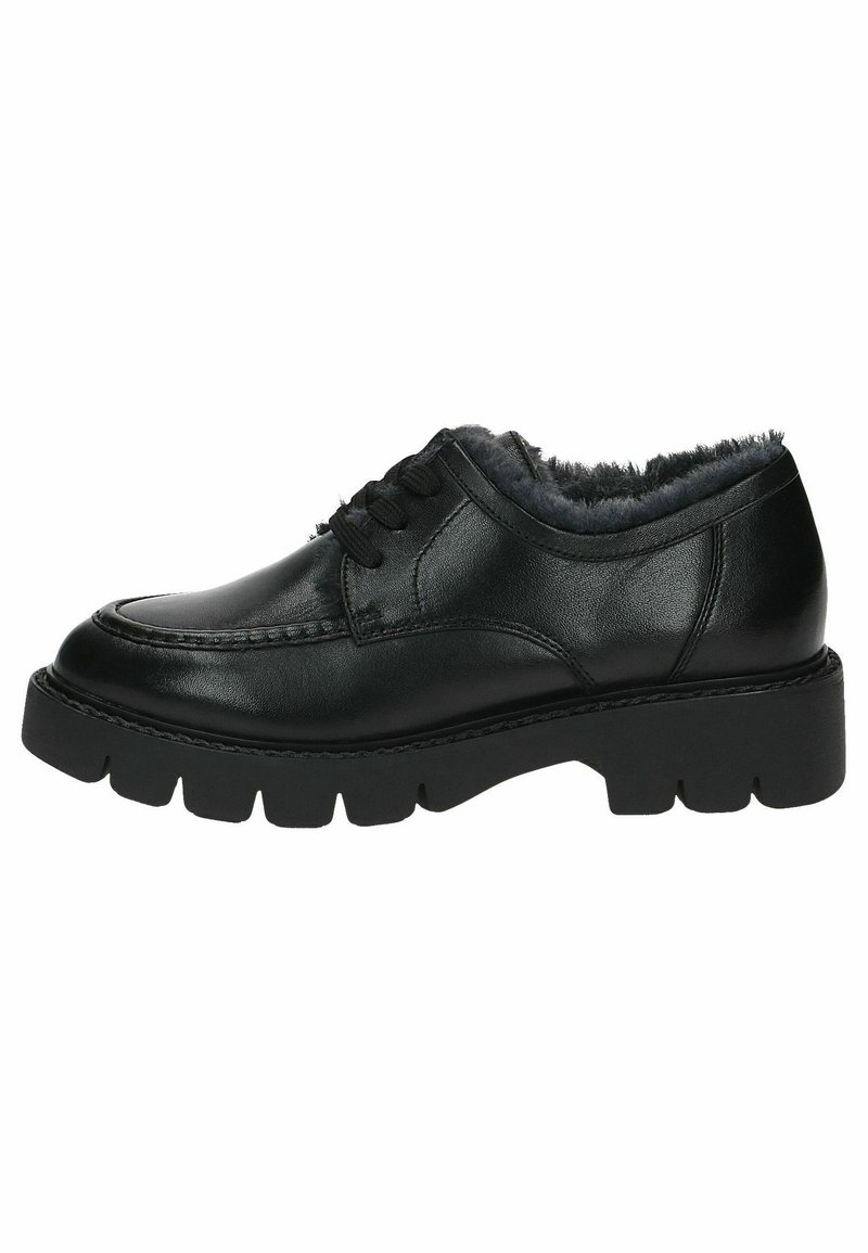 Chaussure à lacets en cuir noir avec semelle épaisse crantée et doublure intérieure en fourrure douce gris foncé.