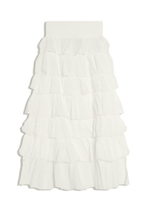 White tiered ruffled midi skirt with wide waistband, featuring layered fabric panels creating textured volume.