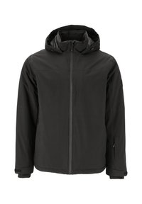 Schwarze Jacke mit Kapuze, ausgestattet mit einem durchgehenden Reißverschluss, elastischen Bündchen und einer glatten, matten Textur. Schlichtes, modernes Design, ohne Muster.